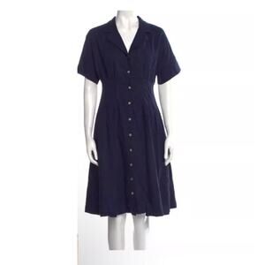 Halston Navy Blue Linen Blend Button Front Midi Dress‎ 8 Classic Preppy Minimal